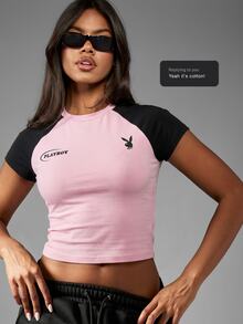 Missguided x Playboy 印花修身短款圆领棉质T恤，饰有兔子图案 - 粉色 - 查看 8