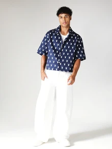 PLAYBOY X SUMWON Bunny AOP Boxy Fit Short Sleeve Button-Up Shirt Collared Summer Holiday Navy - Royal Blue - View 3