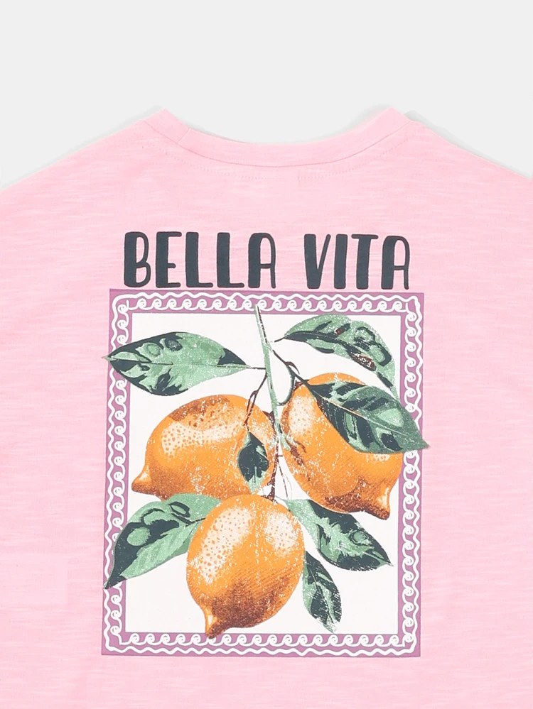Girls Lemon Graphic Crop T-Shirt With Back Print And Crew Neck Short Sleeve Summer Casual Top
