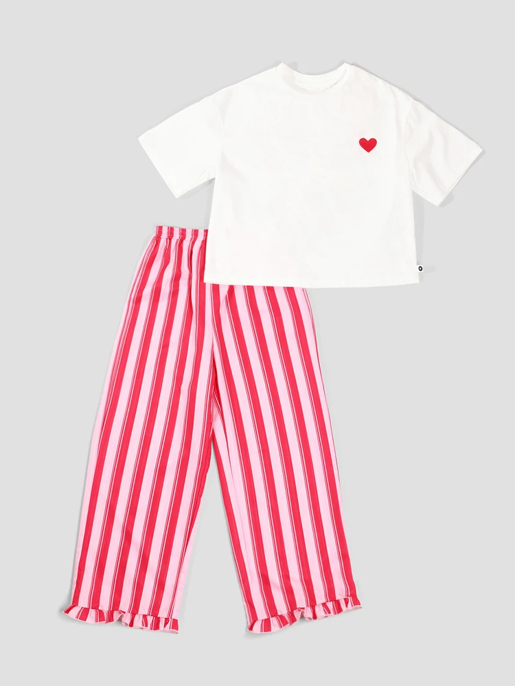 Tween Girls Love Graphic Co-Ord T-Shirt And Striped Ruffle Pants Set Valentine Holiday Casual Outfit