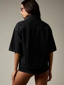 MISSGUIDED Oversized Boxy Denim Shirt With Short Sleeves Button-Down Collar Chest Pockets Casual Summer Shacket - Black - View 2