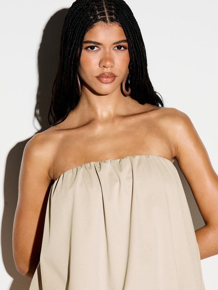 Bandeau Balloon Top Ruched Mini Dress With Drape