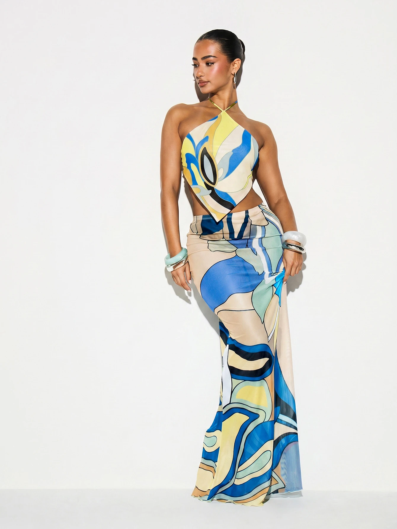 KIZN Printed Mesh Halter Neck Crop Top Cover Up