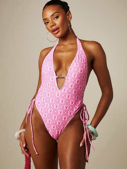 Missguided x Playboy 兔子图案吊带连体泳衣，深V领，侧边系带，金属Logo装饰