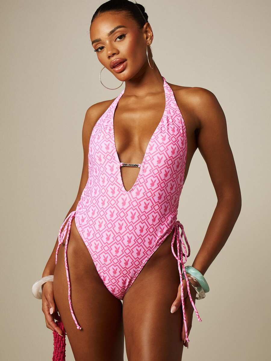 Missguided x Playboy 兔子图案吊带连体泳衣，深V领，侧边系带，金属Logo装饰 - 彩色 - 查看 1