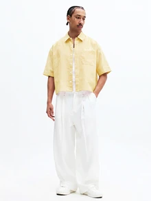 SUMWON Crop Fit Striped Short Sleeve Button-Up Shirt With Chest Pocket And Script Logo Branding - Yellow - View 6