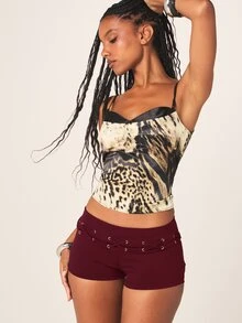 MISSGUIDED Eyelet Lace-Up Booty Shorts Mini Hot Pants Festival Night Out Party Summer - Burgundy - View 4