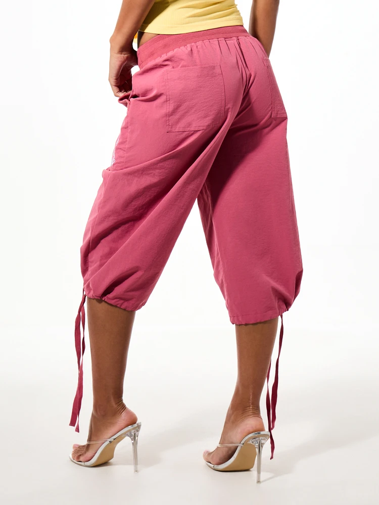 BABYPHAT Casual Drawstring Cropped Pants With Ruched Hem Tie Detail Side Pockets And Brand Logo Print
