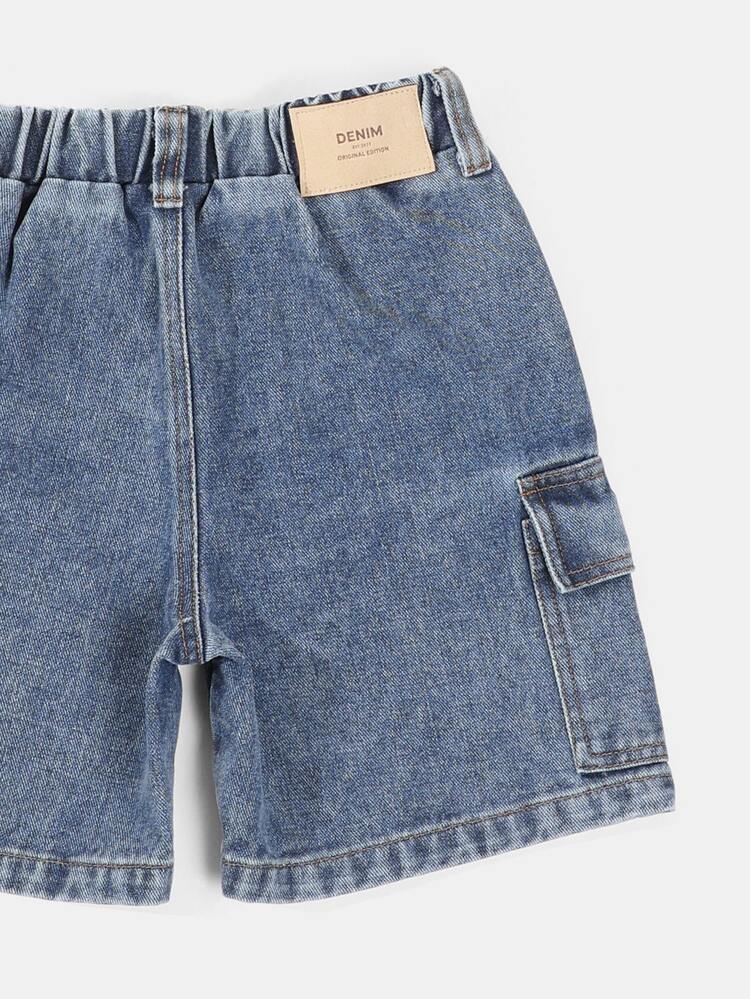 Pantalones cortos de cargo de mezclilla para niños con detalles de costura, cintura elástica y bolsillos múltiples, para uso casual de verano