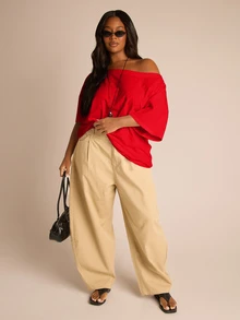 FASHION SZN 大码100%纯棉休闲落肩T恤，日常宽松版型，适合上班、机场、夏季度假等各种场合，Y2K胶囊衣橱必备单品 - 紅色 - 查看 3
