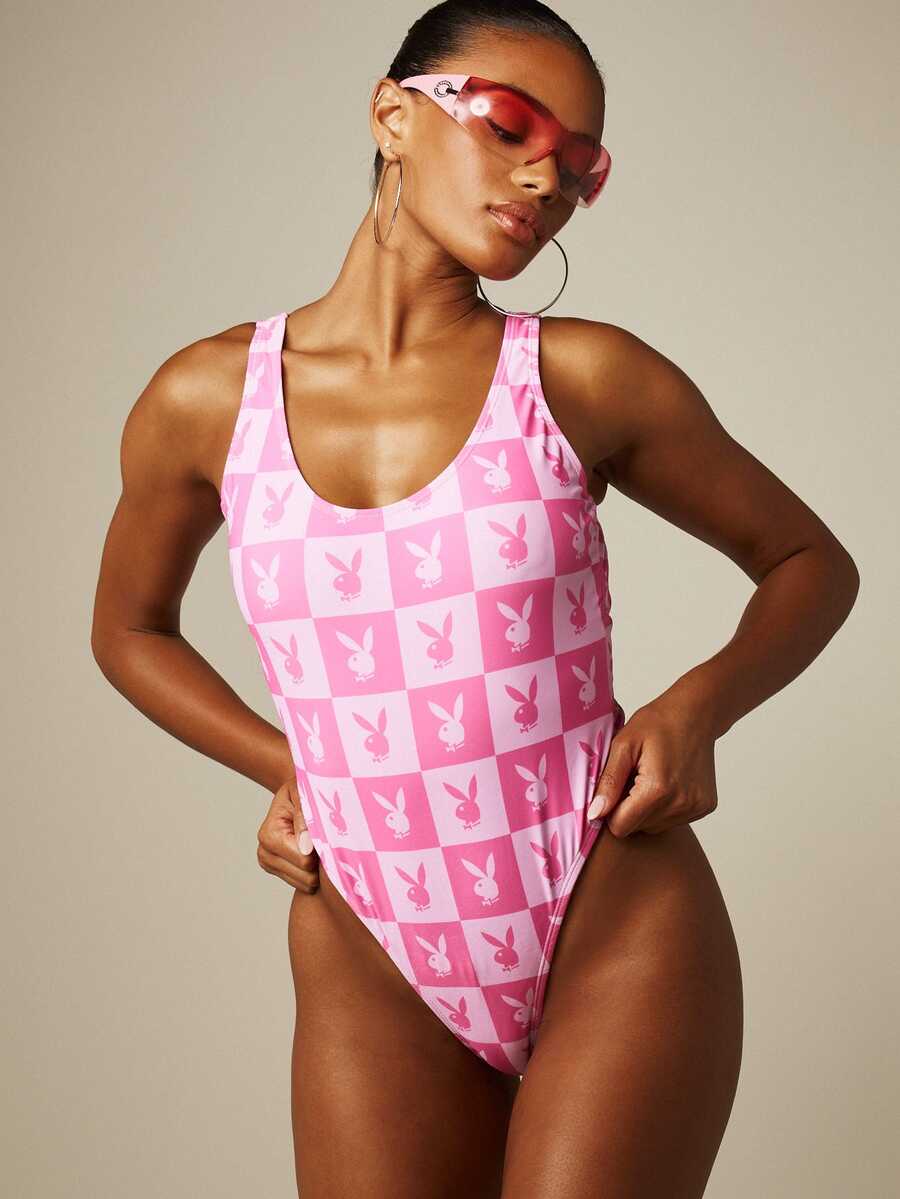 Missguided x Playboy 兔子格纹连体泳衣,圆领高衩丁字裤,沙滩度假夏季 - 粉色 - 查看 1