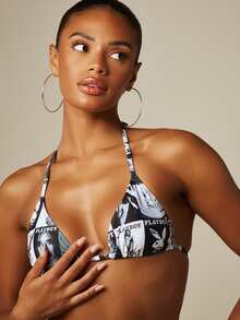 Missguided x Playboy Bộ bikini tam giác in hình bìa tạp chí, áo cổ yếm và quần buộc dây bên hông, thích hợp cho mùa hè đi biển. - Nhiều màu - Xem 5