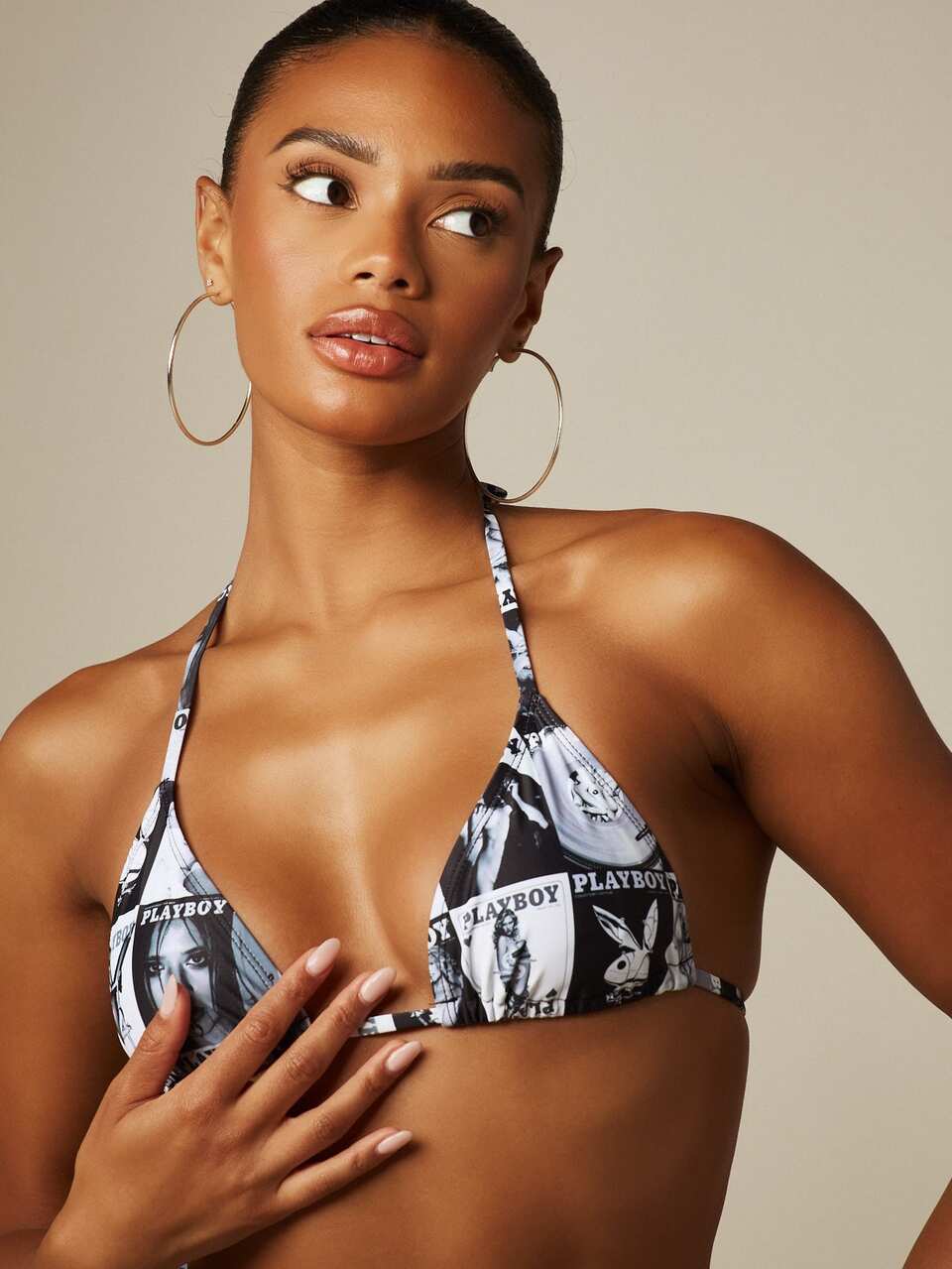 Missguided x Playboy Magazine Cover Print Triangle Bikini Set With Halter Neck Top And Side Tie Bottoms Summer Beach