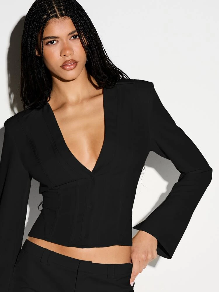 Cropped Blazer With Deep V-Neck And Corset Seams
