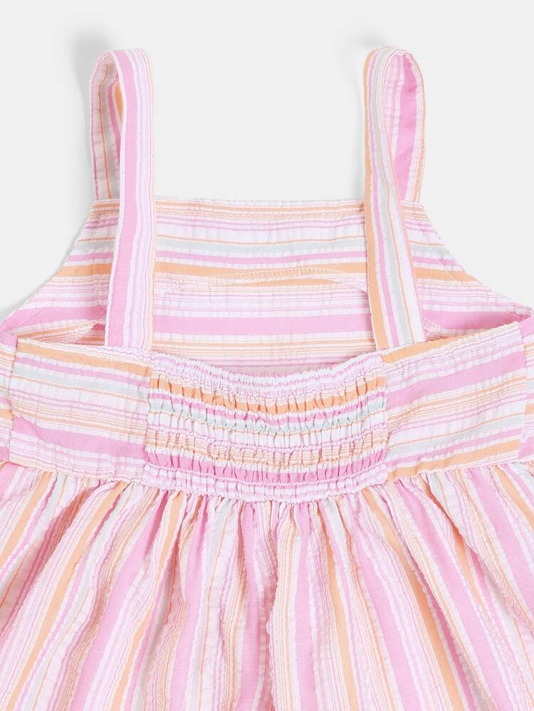 Vestido de Verão com Decote Quadrado Listrado Arco-Íris, Corpete Franzido e Bainha Assimétrica para Férias