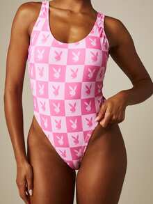 Missguided x Playboy 兔子格纹连体泳衣，圆领高衩丁字裤，沙滩度假夏季 - 粉色 - 查看 2