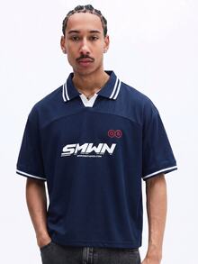 SUMWON Casual Box Fit Printed Polo Shirt With V-Neck Collar And Logo Graphic Print For Everyday Streetwear Style - Navy Blue - View 5
