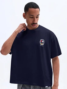 SUMWON Oversized Boxy Crew Neck Graphic T-Shirt With Monte Carlo French Riviera Back Print And Chest Logo - Navy Blue - View 5