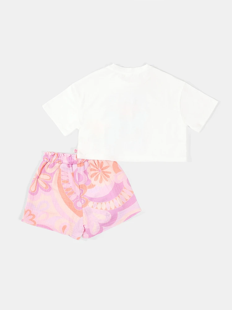 Conjunto de verano para playa con top corto estampado con gráfico "Soul of Sunshine" y shorts cortos con estampado floral retro para niñas