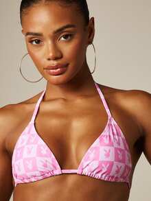 Missguided x Playboy Bunny Checkered Triangle Halter Bikini Top And Micro Boy Short Swimsuit Set Summer Beach - Pink - View 6