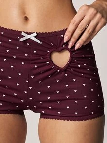 MISSGUIDED 心形印花镂空文胸和短裤两件套内衣套装，饰有蕾丝边和蝴蝶结细节 - 酒紅色 - 查看 3