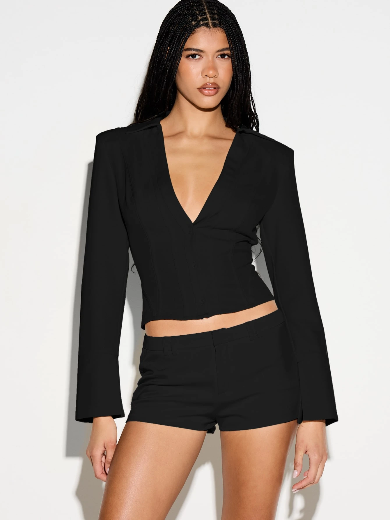 Cropped Blazer With Deep V-Neck And Corset Seams