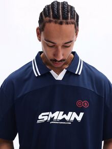 SUMWON Casual Box Fit Printed Polo Shirt With V-Neck Collar And Logo Graphic Print For Everyday Streetwear Style - Navy Blue - View 6