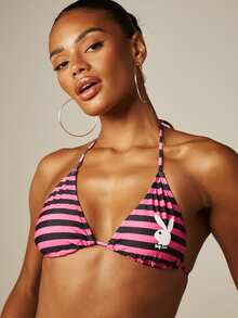Missguided x Playboy Stripe Triangle Halter Bikini Set With Logo Detail And High Waist Hot Pant Bottom Beach Party Pink Stripe Summer Sexy 70s Retro - Multicolor - View 6