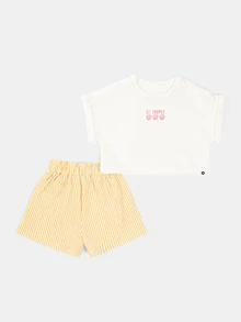 SUMWON Graphic Print Crop T-Shirt And Mustard Yellow Striped Shorts Co-Ord Set Summer Beach Holiday - White - View 2