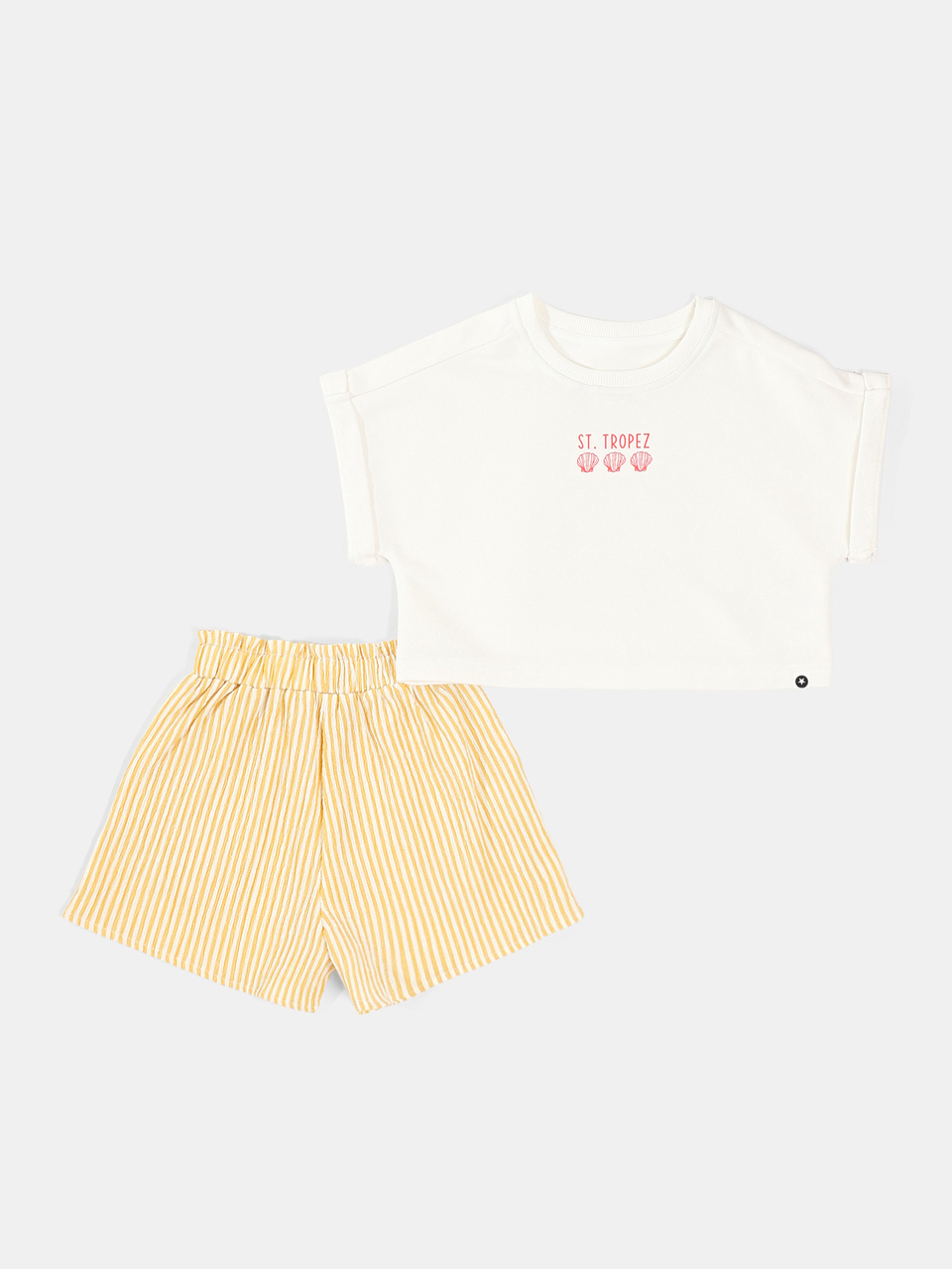 Graphic Print Crop T-Shirt And Mustard Yellow Striped Shorts Co-Ord Set Summer Beach Holiday