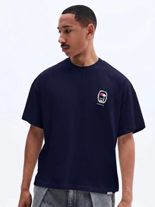 SUMWON Oversized Boxy Crew Neck Graphic T-Shirt With Monte Carlo French Riviera Back Print And Chest Logo - Navy Blue - View 4
