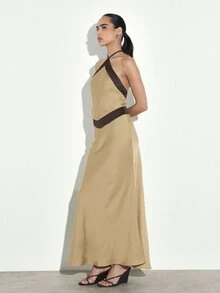 KSTM Halter Neck Satin Maxi Dress With Contrast Trim Detail Open Back Elegant Evening Formal Gown - Khaki - View 3
