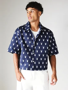 PLAYBOY X SUMWON Bunny AOP Boxy Fit Short Sleeve Button-Up Shirt Collared Summer Holiday Navy - Royal Blue - View 1