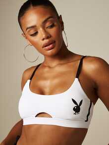 Missguided x Playboy 兔子标志圆领镂空运动文胸，撞色肩带，正面印花图案 - 彩色 - 查看 2
