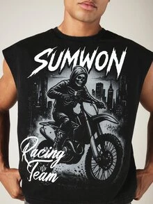SUMWON Racing Team Graphic Sleeveless Cropped Tank Top With Skull Motorcycle Print Front And Back - Black - View 5