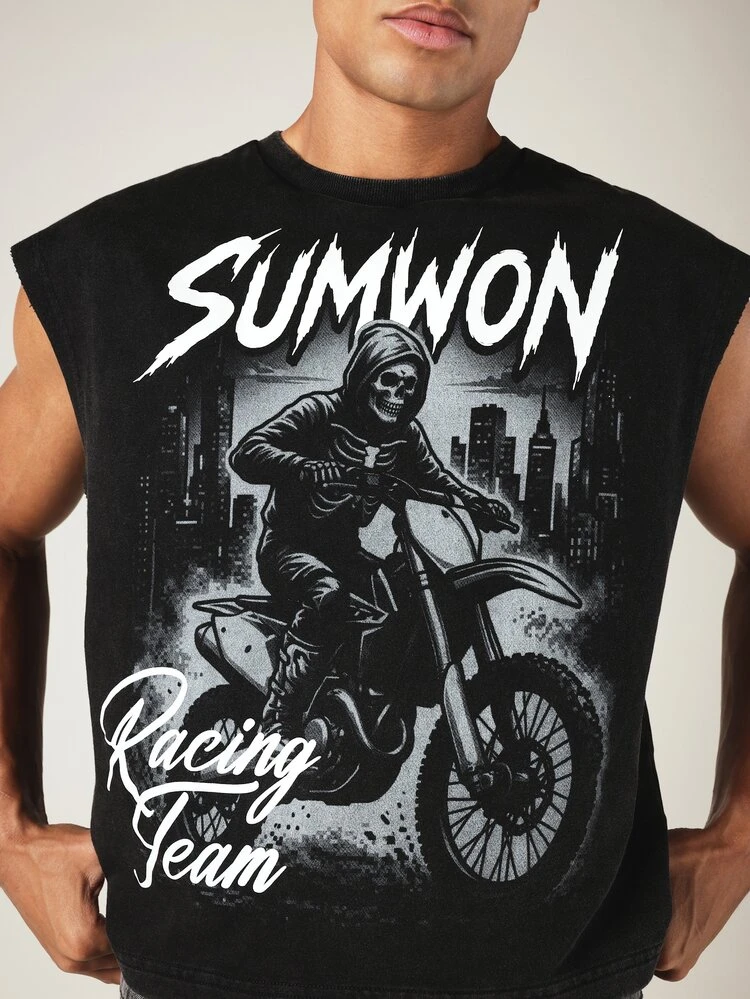 Racing Team Graphic Sleeveless Cropped Tank Top With Skull Motorcycle Print Front And Back