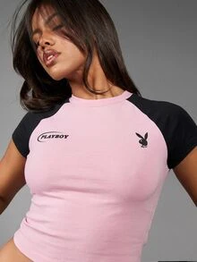 Missguided x Playboy 印花修身短款圆领棉质T恤，饰有兔子图案 - 粉色 - 查看 3