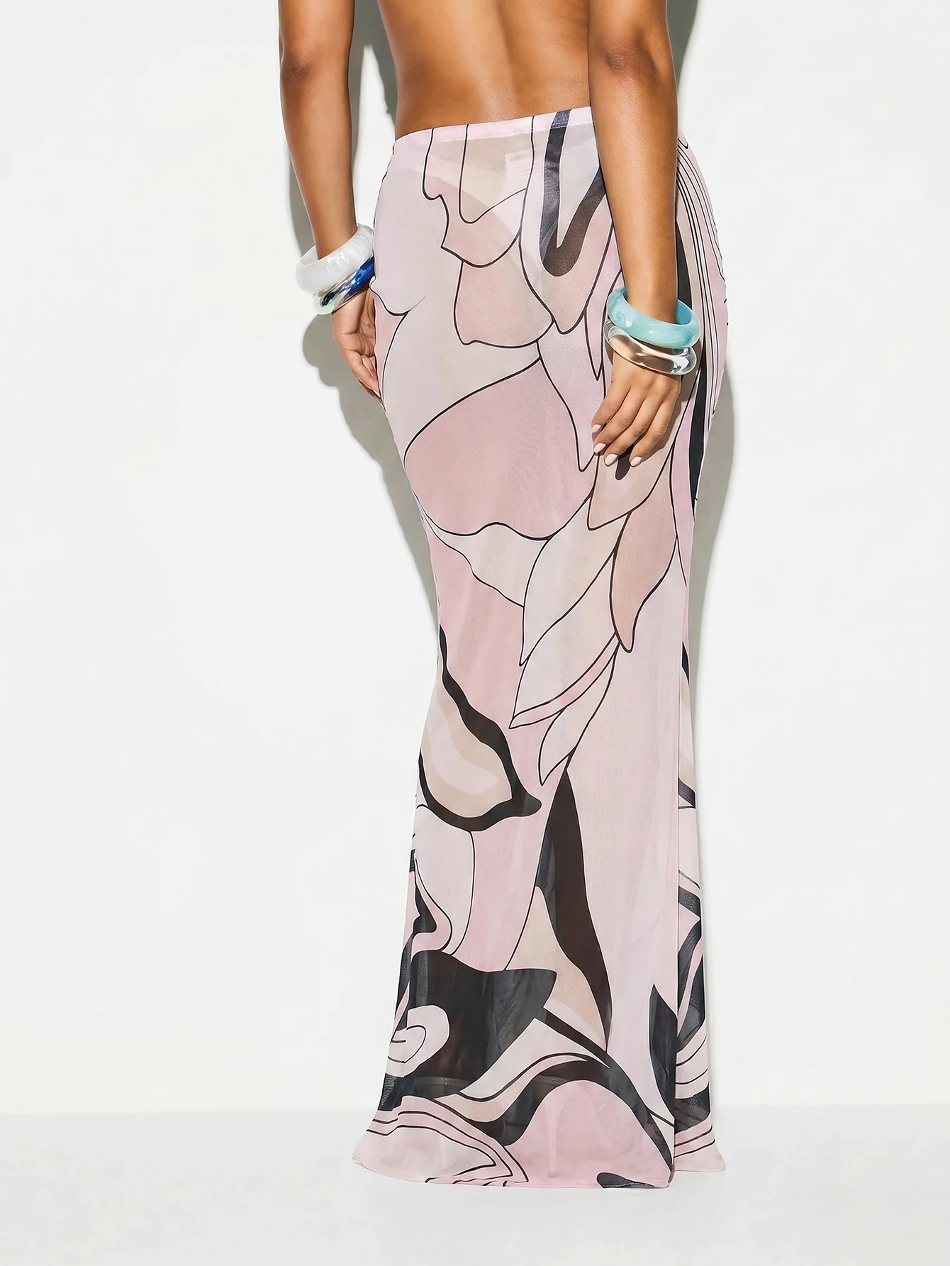 KIZN Sheer Mesh Midaxi Skirt With Abstract Floral Print