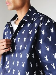 PLAYBOY X SUMWON Bunny AOP Boxy Fit Short Sleeve Button-Up Shirt Collared Summer Holiday Navy - Royal Blue - View 6