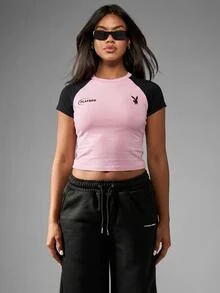 Missguided x Playboy 印花修身短款圆领棉质T恤，饰有兔子图案 - 粉色 - 查看 6