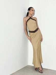 KSTM Halter Neck Satin Maxi Dress With Contrast Trim Detail Open Back Elegant Evening Formal Gown - Khaki - View 6