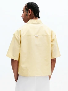 SUMWON Crop Fit Striped Short Sleeve Button-Up Shirt With Chest Pocket And Script Logo Branding - Yellow - View 2