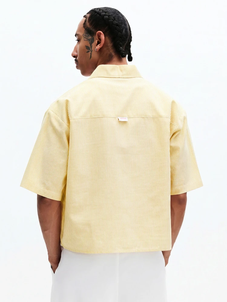 Crop Fit Striped Short Sleeve Button-Up Shirt With Chest Pocket And Script Logo Branding
