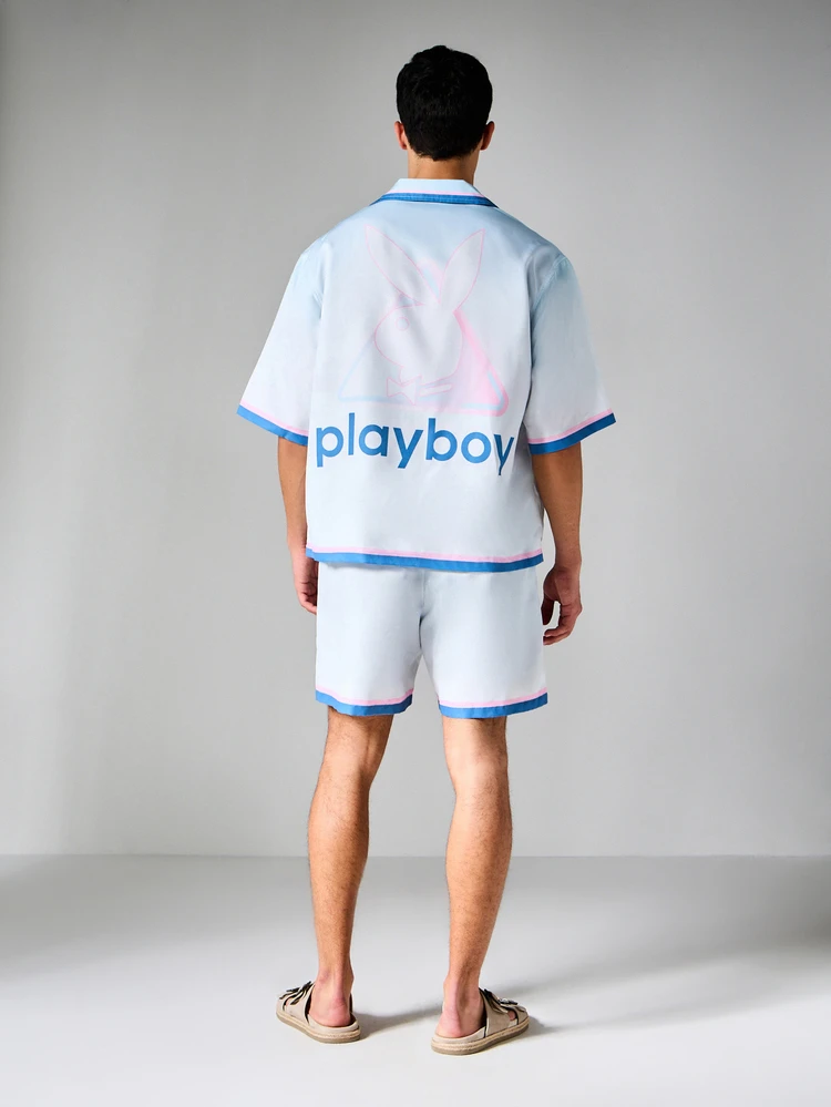 PLAYBOY X SUMWON Bunny Resort Bowling Shirt And Drawstring Shorts Co-Ord Set With Contrast Piping Summer Vacation