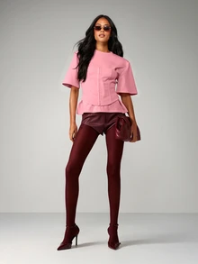 MISSGUIDED 超大款束腰T恤，腰部收紧，钩扣式闭合，荷叶边下摆，立体肩垫 - 粉色 - 查看 5