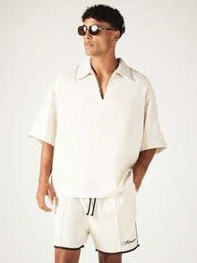 SUMWON Overhead Linen Shirt With Open V-Neck Collar And Short Sleeves - Relaxed Oversized Fit Summer Essential - Khaki - View 5