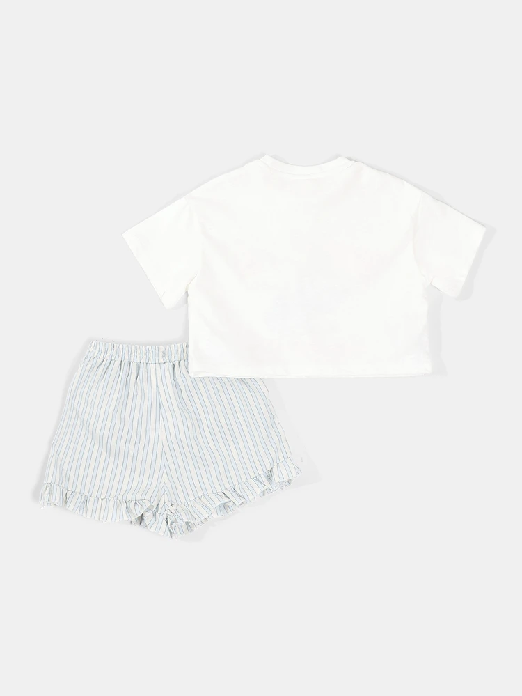 Conjunto de Cropped com Estampa de Conchas e Shorts Listrados com Babados para Meninas, Ideal para Praia e Férias de Verão