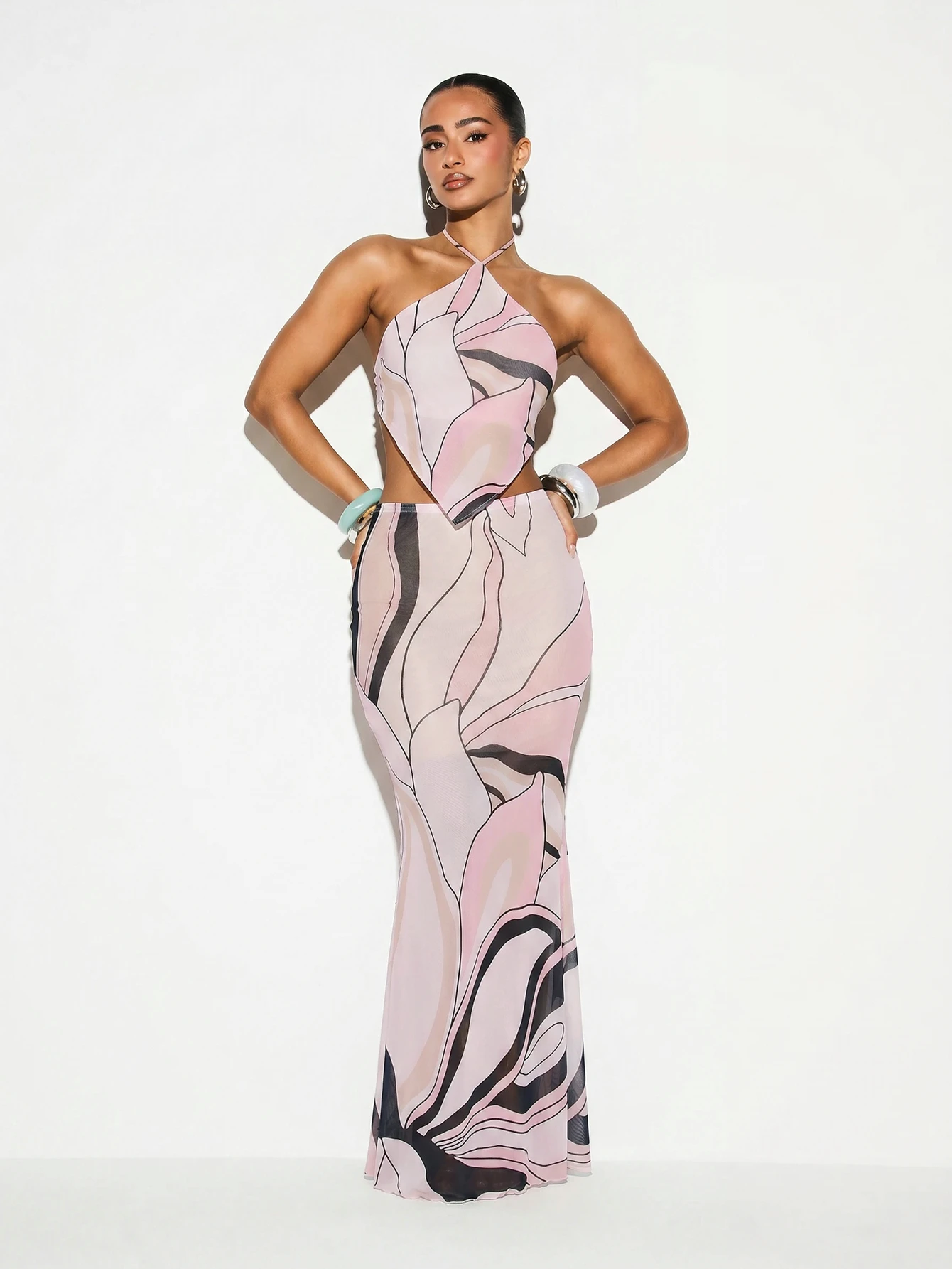 KIZN Sheer Mesh Midaxi Skirt With Abstract Floral Print