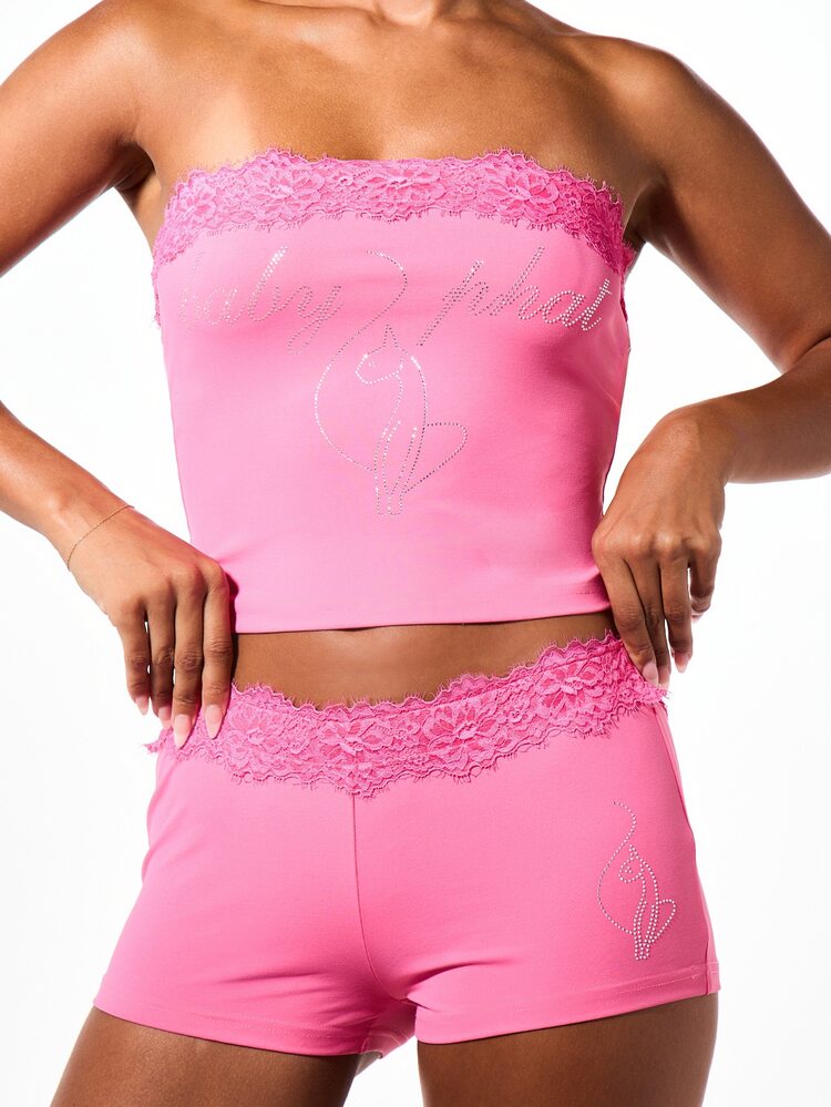 BABYPHAT Set di top a fascia e pantaloncini con dettagli in pizzo e strass