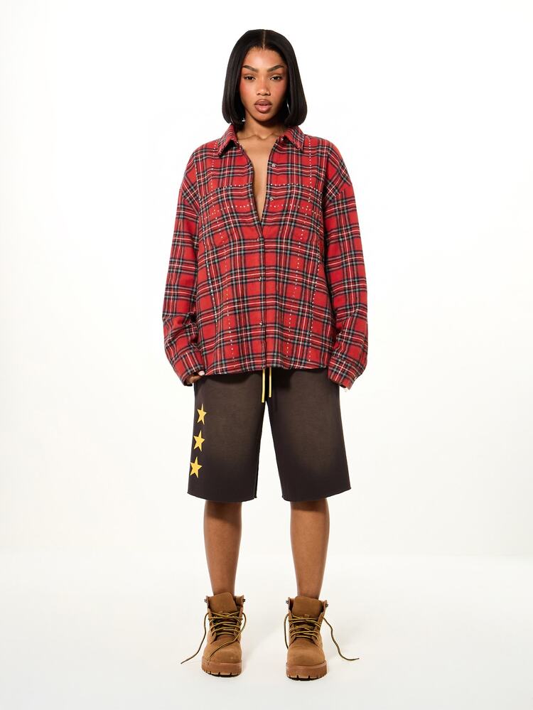 SUMWON WOMEN Camisa de franela a cuadros oversize con botones y adornos de strass de manga larga, estilo tartán